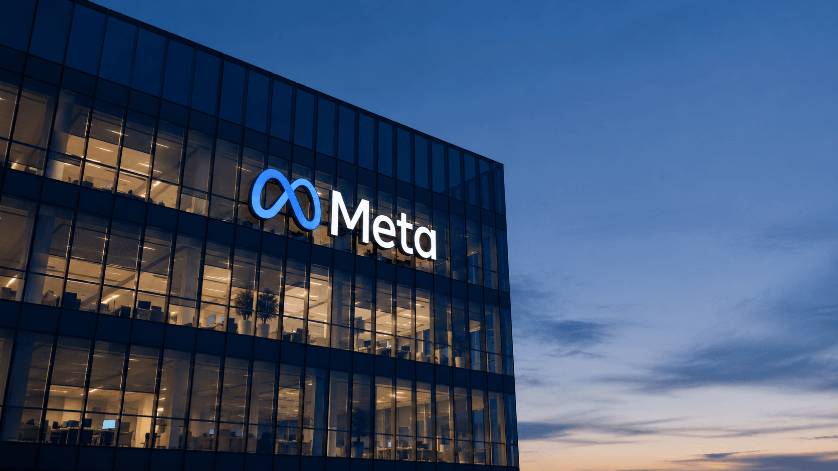 Meta's logo and headquarters building at dusk.